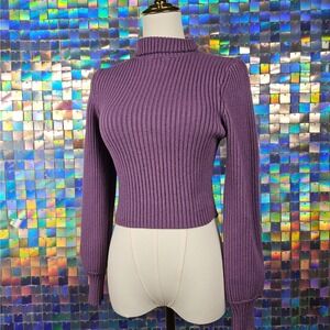 Forever 21 Purple Ribbed Turtleneck Long Sleeve Cropped Sweater Cutout Back